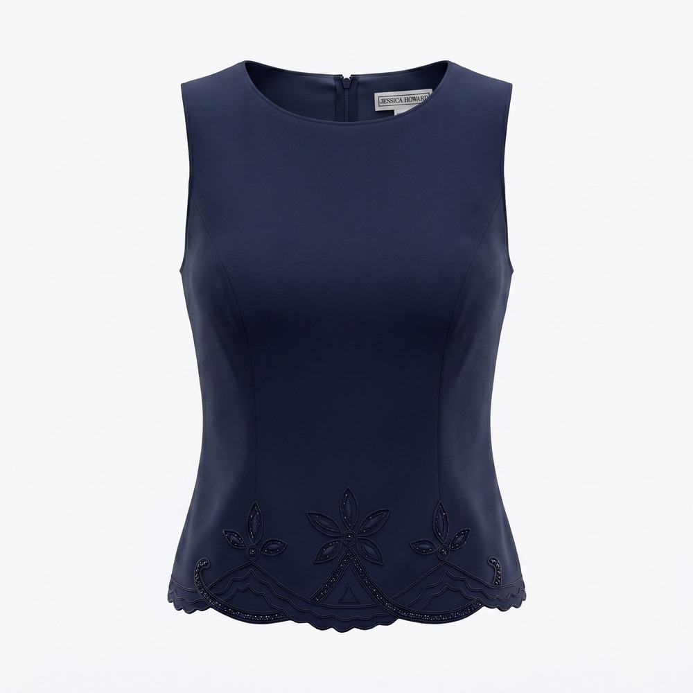 Jessica Howard Sleeveless Top 8 Navy Beaded Embroidered Scalloped Hem‎ Elegant